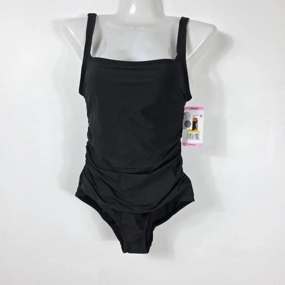 Anne Cole One Piece Swimsuit Women Small Black Ruched Square Neck UPF 50 ACSO600